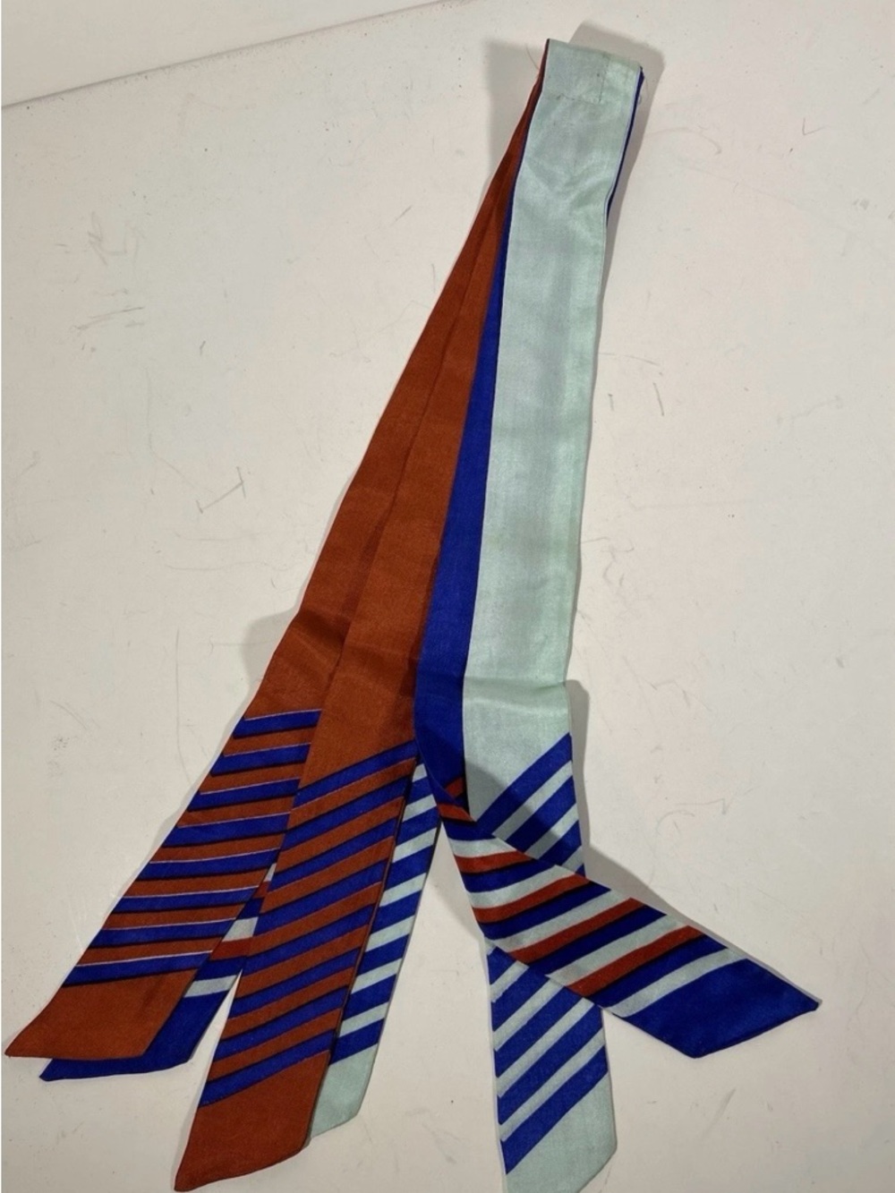Vintage Striped Twilly Scarf in Rust, Royal Blue 100% pure silk. Unisex